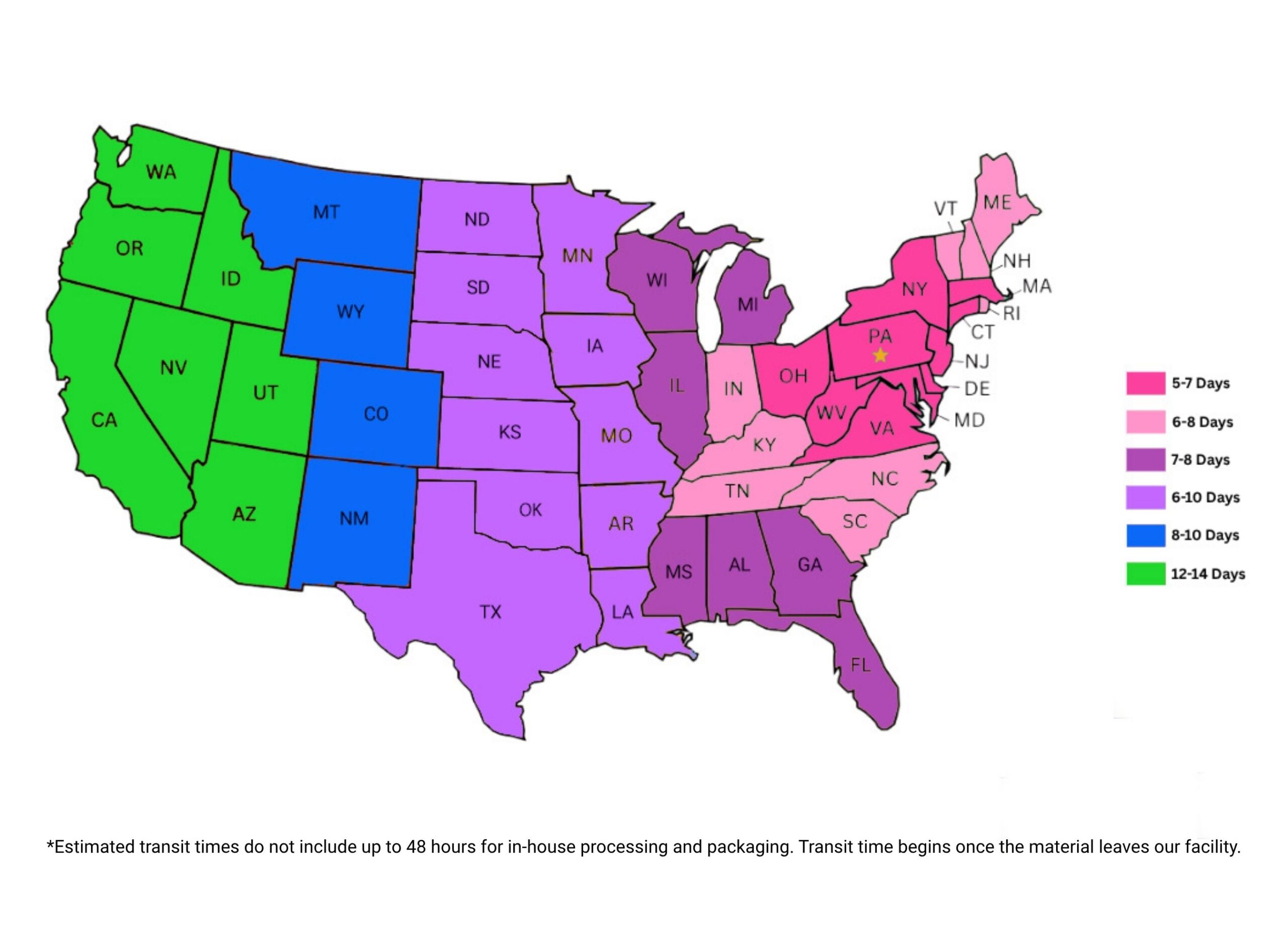 Estimated delivery times across the contiguous United States